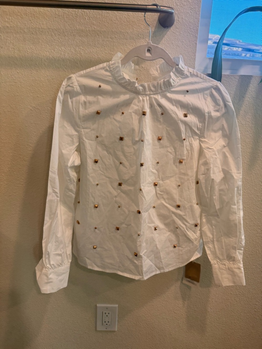 MOTF White Long Sleeve Ruffle Neck Blouse with Gold Studs